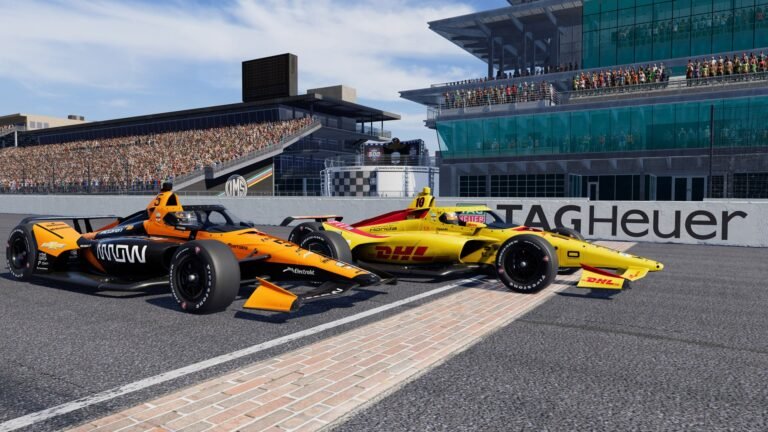 Alex Palou and Pato O'Ward racing side by side in INDYCAR Racing The Game at Indianapolis Motor Speedway