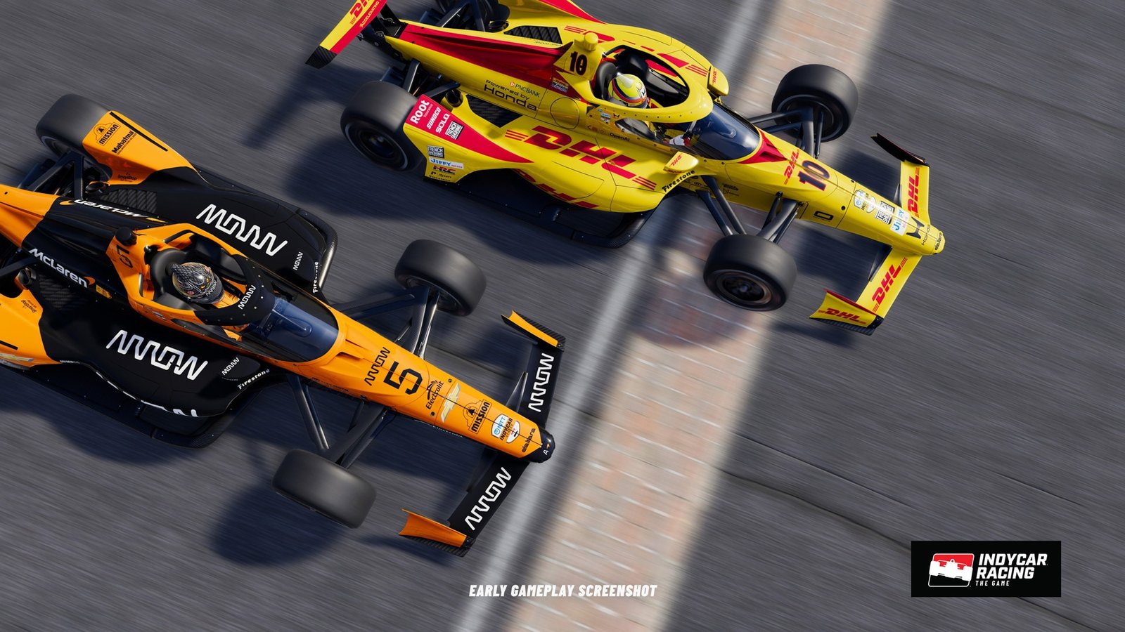 INDYCAR Racing The Game official art showing Alex Palou and Pato O Ward at Indianapolis Motor Speedway with game logo overlay